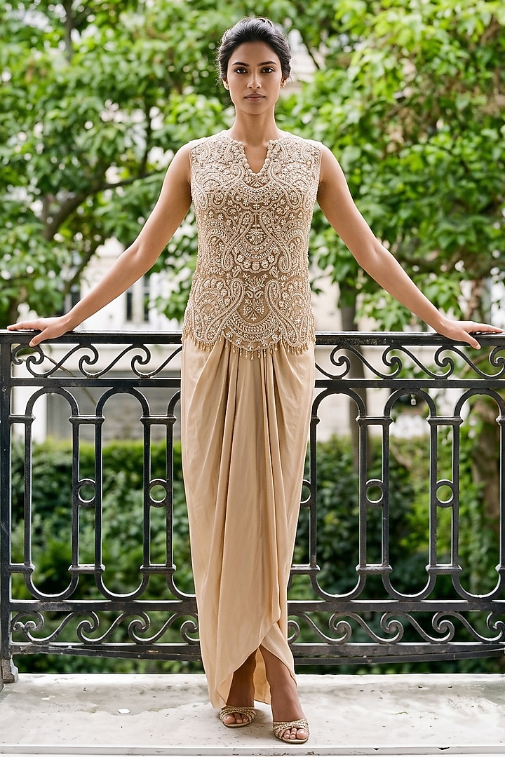 Gold Silk Satin Dhoti Set by Aneesh Agarwaal PRET at Pernia's Pop Up Shop