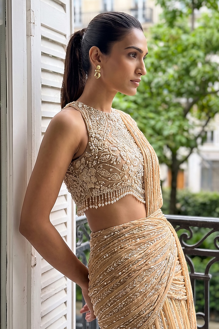Gold Georgette Sequin Embroidered Wedding Saree Set by Aneesh Agarwaal PRET at Pernia's Pop Up Shop