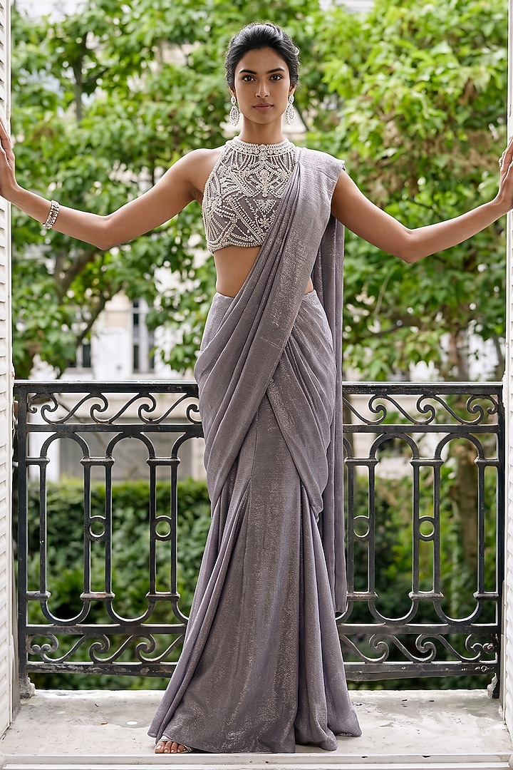 Grey Shimmer Velvet Georgette Pre-Stitched Wedding Saree Set by Aneesh Agarwaal PRET at Pernia's Pop Up Shop