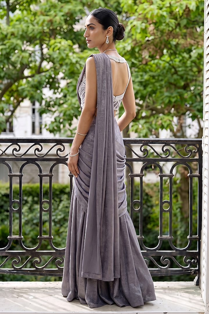 Grey Shimmer Velvet Georgette Pre-Stitched Wedding Saree Set by Aneesh Agarwaal PRET at Pernia's Pop Up Shop