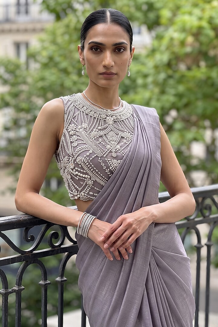 Grey Shimmer Velvet Georgette Pre-Stitched Wedding Saree Set by Aneesh Agarwaal PRET at Pernia's Pop Up Shop