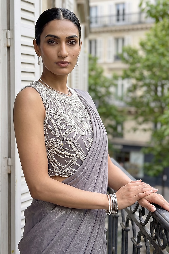 Grey Shimmer Velvet Georgette Pre-Stitched Wedding Saree Set by Aneesh Agarwaal PRET at Pernia's Pop Up Shop