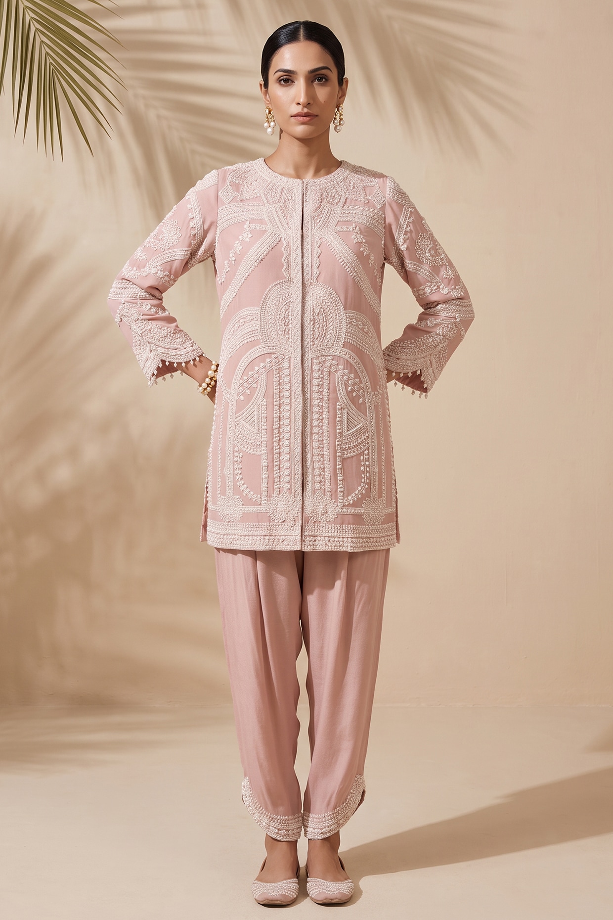 Aneesh Agarwaal PRET Pink Satin Pearl & Sequin Embroidered Kurta Set