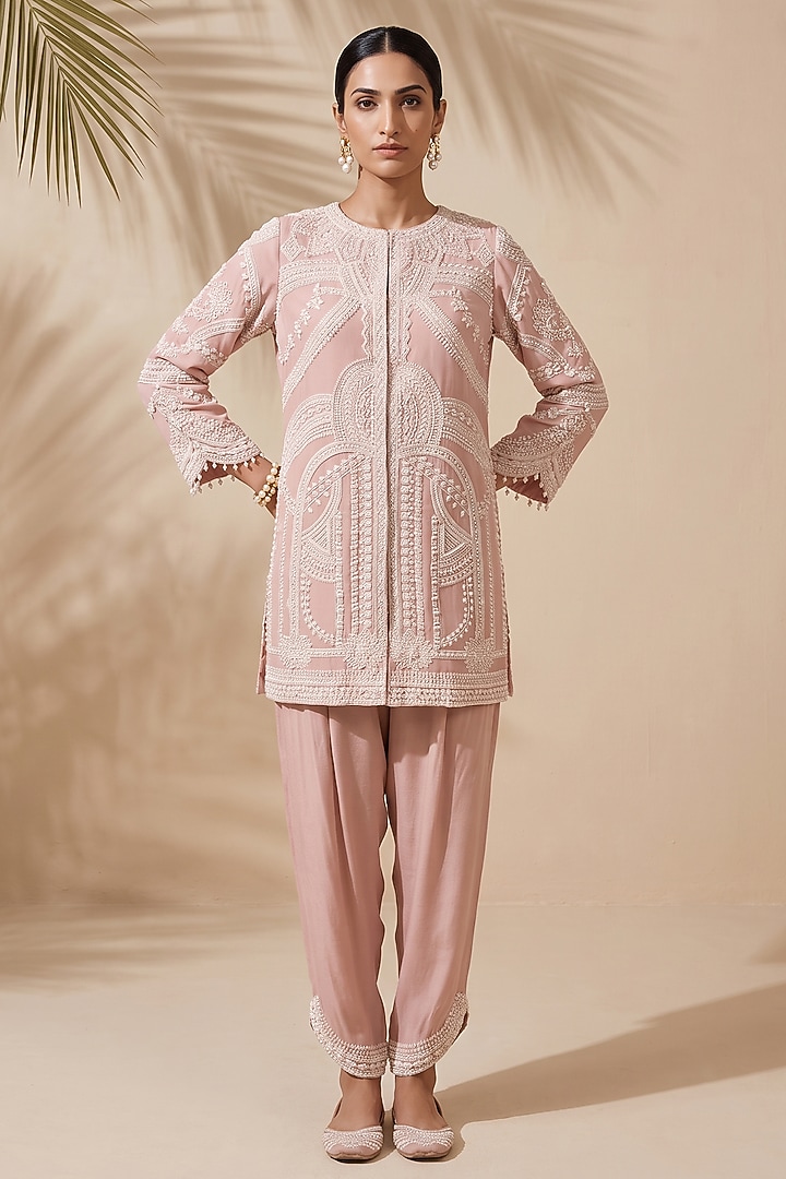 Pink Satin Pearl & Sequin Embroidered Kurta Set by Aneesh Agarwaal PRET at Pernia's Pop Up Shop