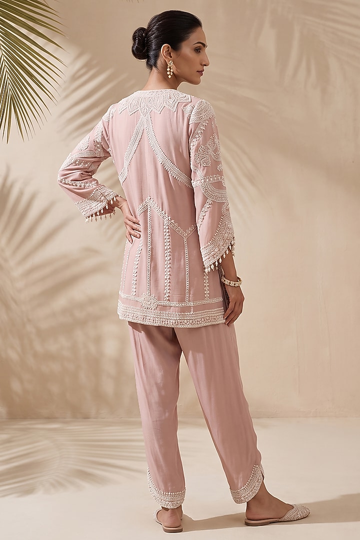 Pink Satin Pearl & Sequin Embroidered Kurta Set by Aneesh Agarwaal PRET at Pernia's Pop Up Shop