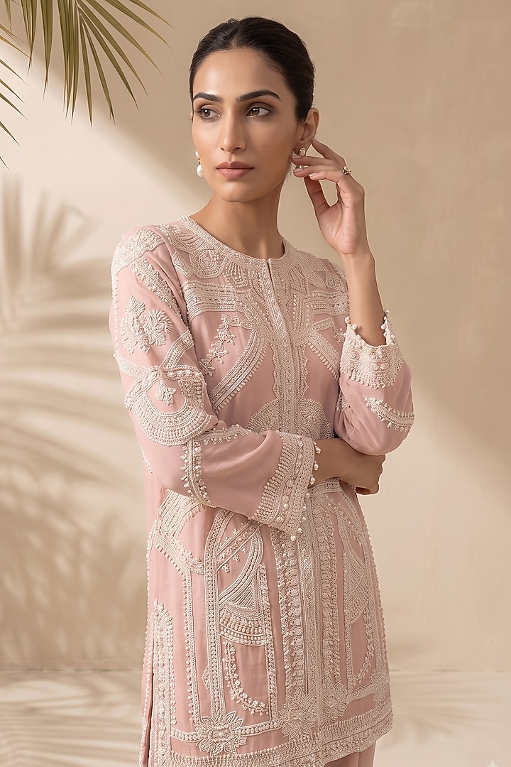 Pink Satin Pearl & Sequin Embroidered Kurta Set by Aneesh Agarwaal PRET at Pernia's Pop Up Shop