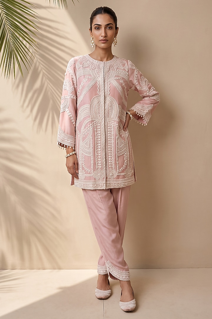 Pink Satin Pearl & Sequin Embroidered Kurta Set by Aneesh Agarwaal PRET at Pernia's Pop Up Shop
