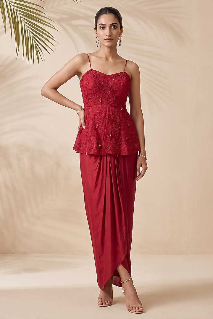 Red Satin Dhoti Set by Aneesh Agarwaal PRET at Pernia's Pop Up Shop