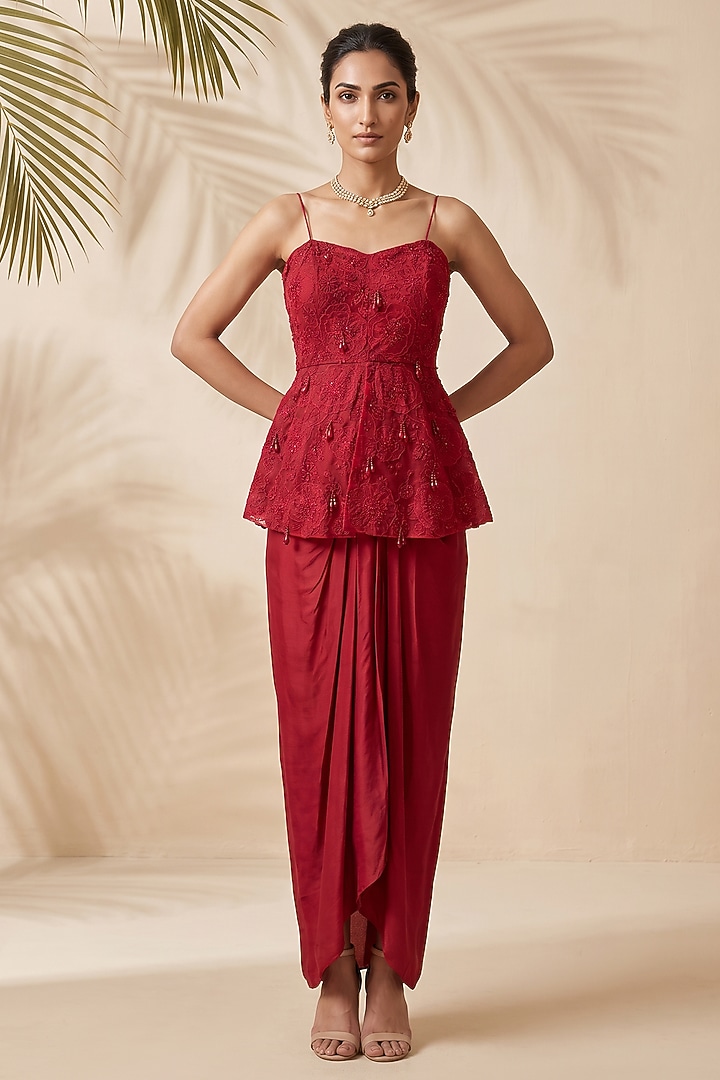 Red Satin Dhoti Set by Aneesh Agarwaal PRET at Pernia's Pop Up Shop