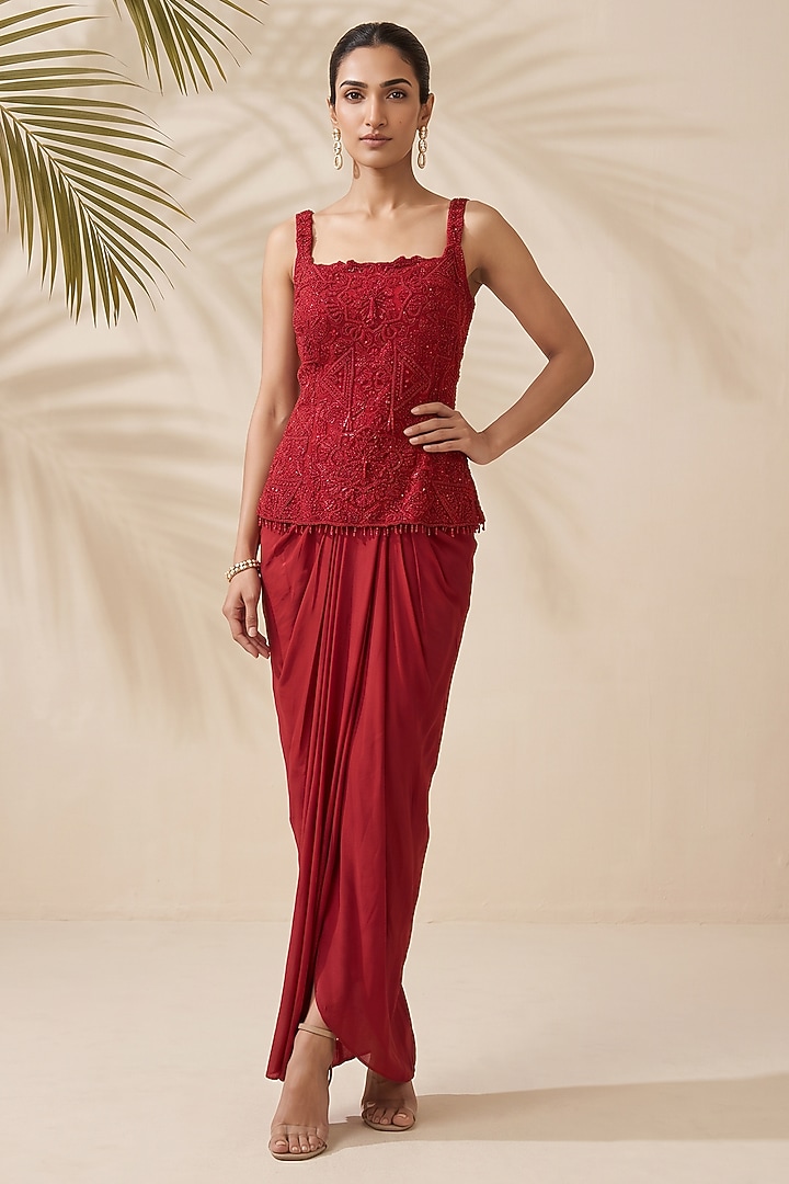 Red Satin Dhoti Set by Aneesh Agarwaal PRET at Pernia's Pop Up Shop