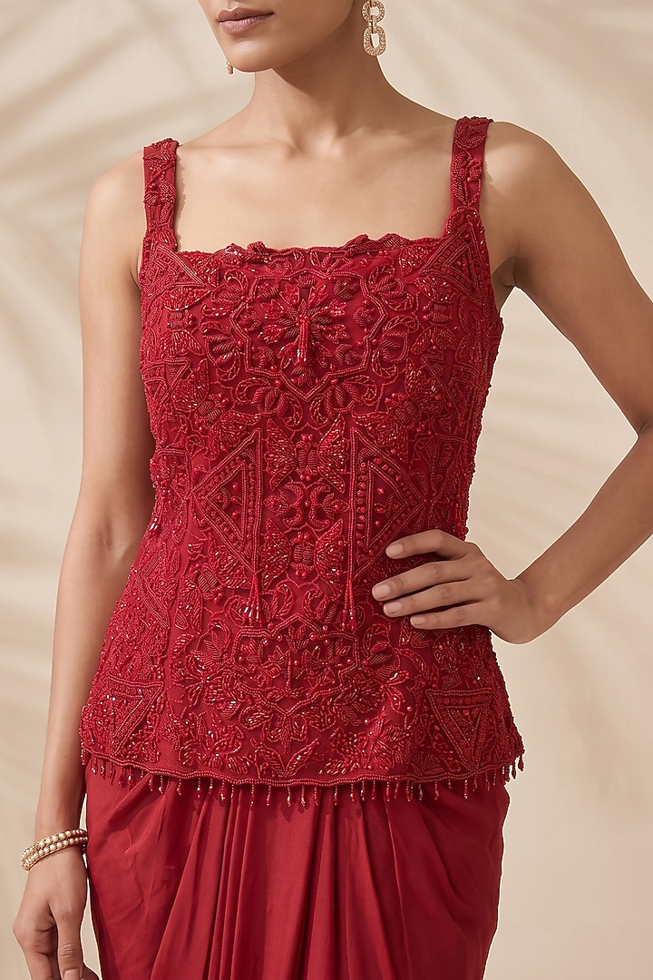Red Satin Dhoti Set by Aneesh Agarwaal PRET at Pernia's Pop Up Shop