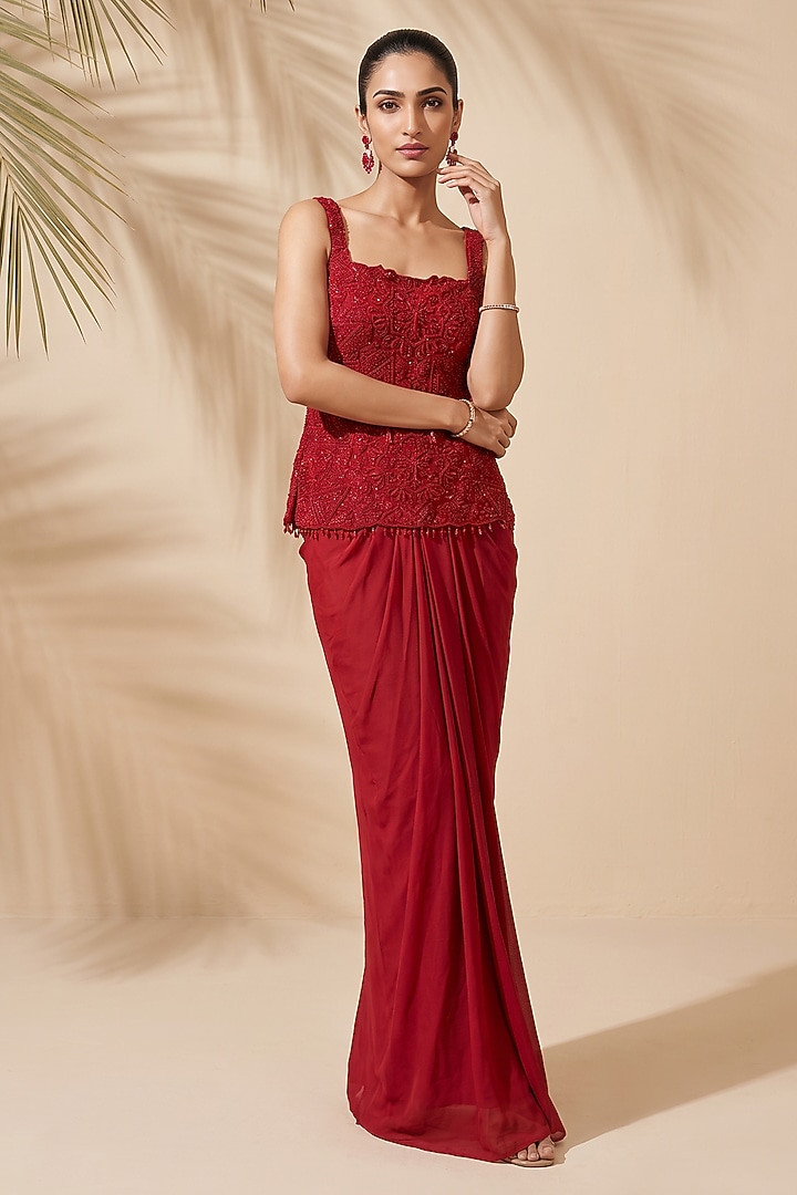 Red Satin Dhoti Set by Aneesh Agarwaal PRET at Pernia's Pop Up Shop