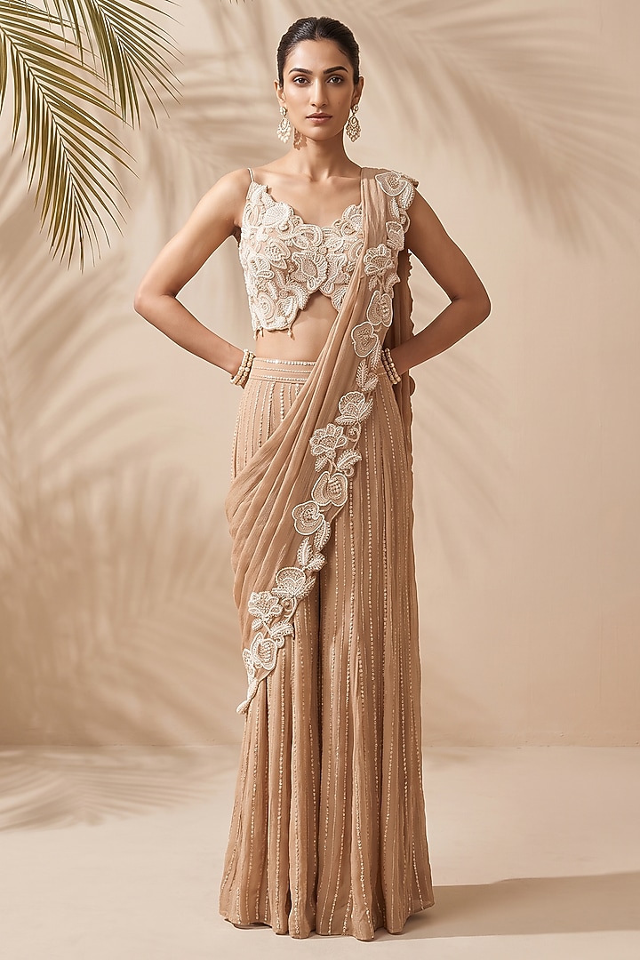 Gold Georgette Sequin Embroidered Sharara Wedding Saree Set by Aneesh Agarwaal PRET at Pernia's Pop Up Shop