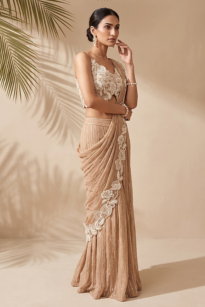 Gold Georgette Sequin Embroidered Sharara Wedding Saree Set by Aneesh Agarwaal PRET at Pernia's Pop Up Shop