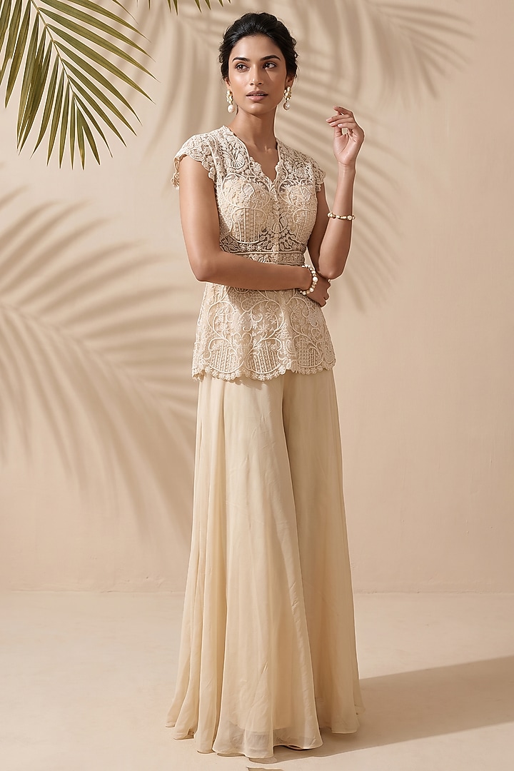 Ivory Silk Organza Bridal Sharara Set by Aneesh Agarwaal PRET at Pernia's Pop Up Shop