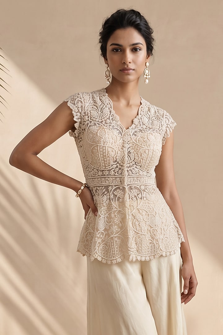 Ivory Silk Organza Bridal Sharara Set by Aneesh Agarwaal PRET at Pernia's Pop Up Shop