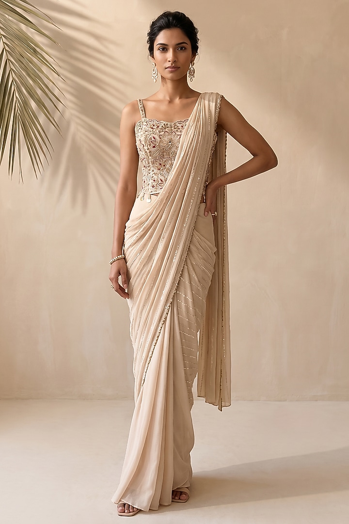 Ivory Chiffon Sequin Embroidered Wedding Saree Set by Aneesh Agarwaal PRET at Pernia's Pop Up Shop