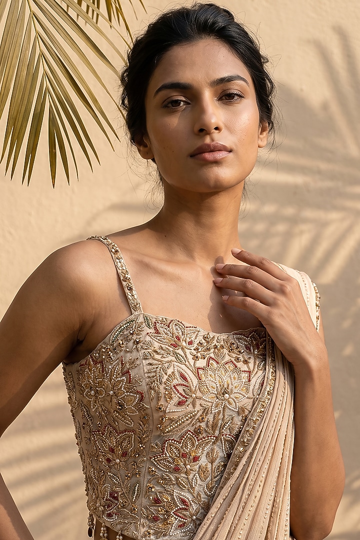 Ivory Chiffon Sequin Embroidered Wedding Saree Set by Aneesh Agarwaal PRET at Pernia's Pop Up Shop