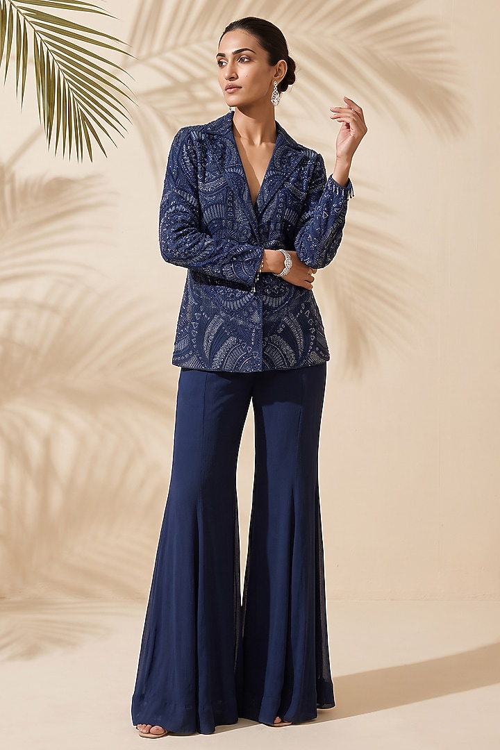 Navy Blue Silk Chiffon Bridal Sharara Set by Aneesh Agarwaal PRET at Pernia's Pop Up Shop