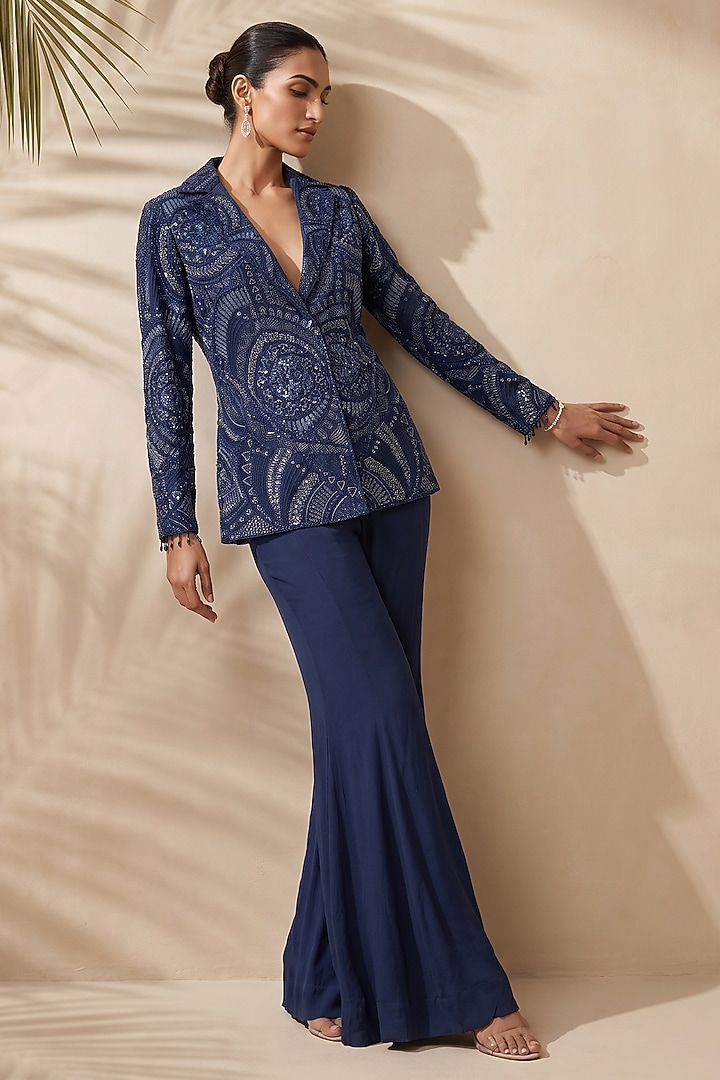 Navy Blue Silk Chiffon Bridal Sharara Set by Aneesh Agarwaal PRET at Pernia's Pop Up Shop