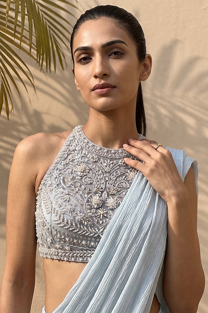 Powder Blue Silk Crinkle Satin Chiffon Pre-Draped Wedding Saree Set by Aneesh Agarwaal PRET at Pernia's Pop Up Shop