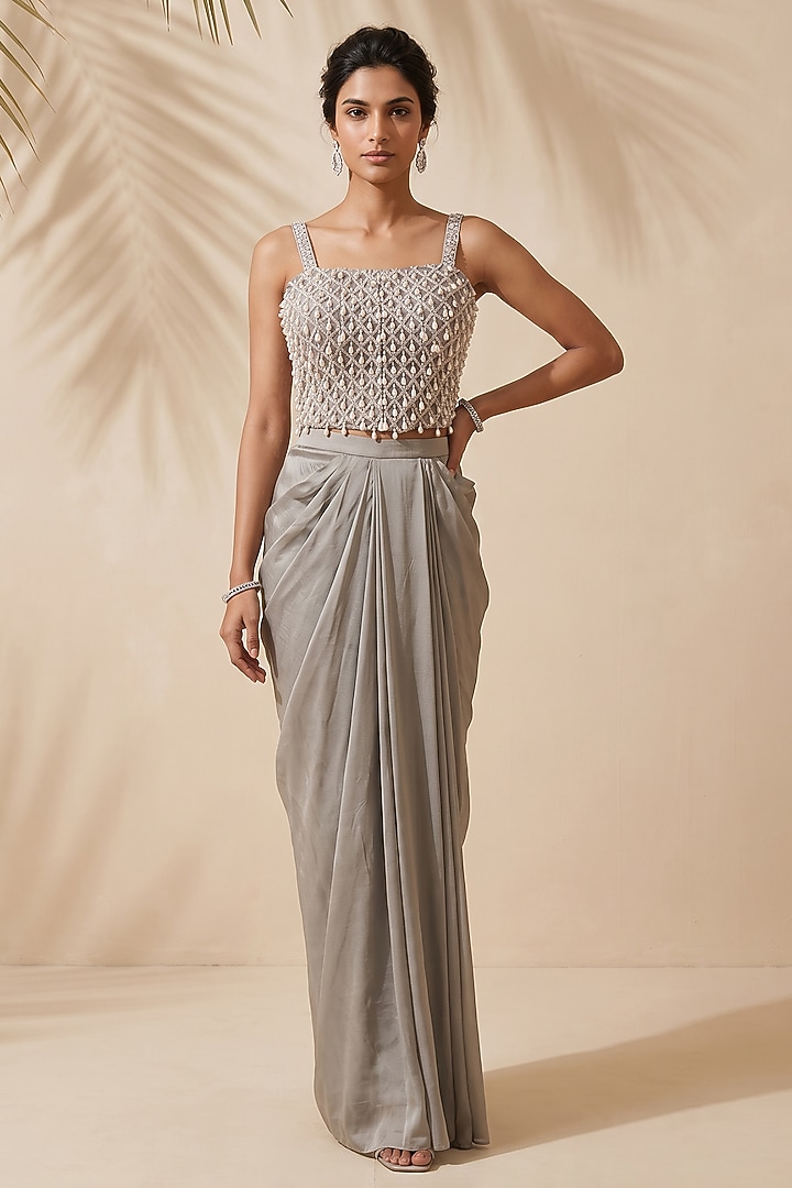 Grey Satin Dhoti Set by Aneesh Agarwaal PRET at Pernia's Pop Up Shop