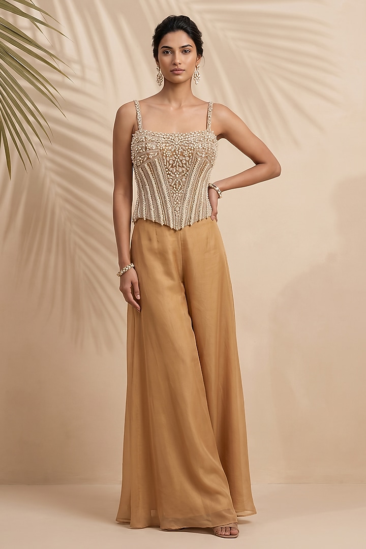 Gold Organza Palazzo Set by Aneesh Agarwaal PRET at Pernia's Pop Up Shop