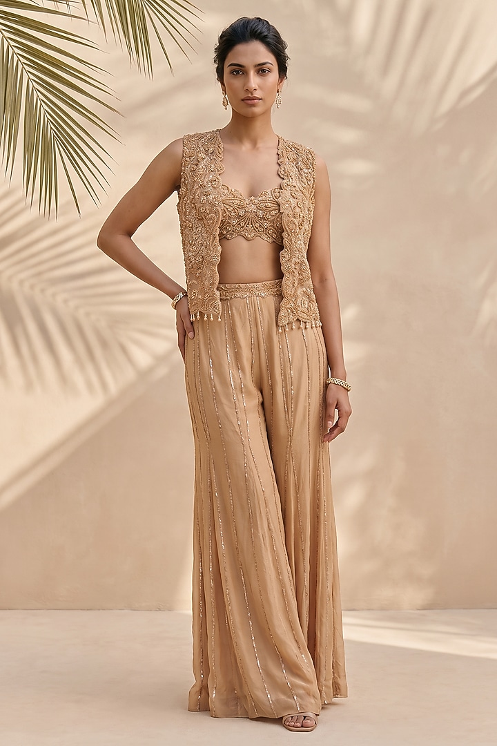 Gold Organza Pearl Embroidered Bridal Sharara Set by Aneesh Agarwaal PRET at Pernia's Pop Up Shop