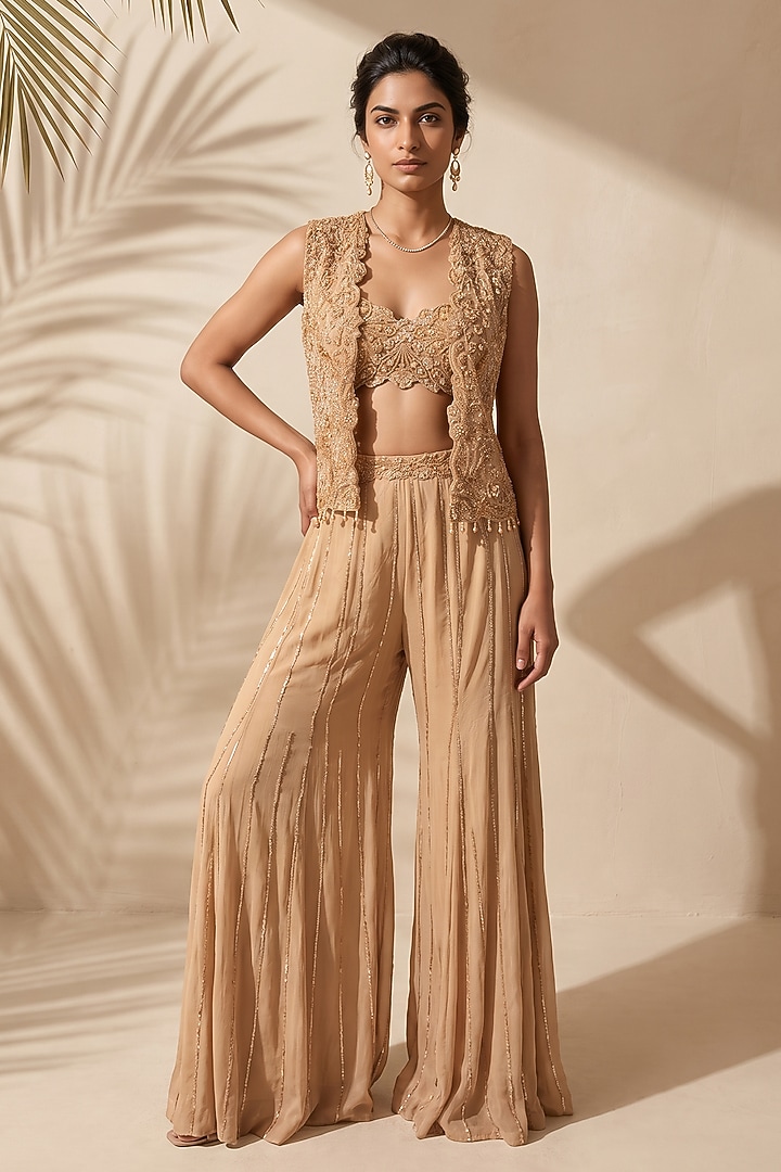 Gold Organza Pearl Embroidered Bridal Sharara Set by Aneesh Agarwaal PRET at Pernia's Pop Up Shop