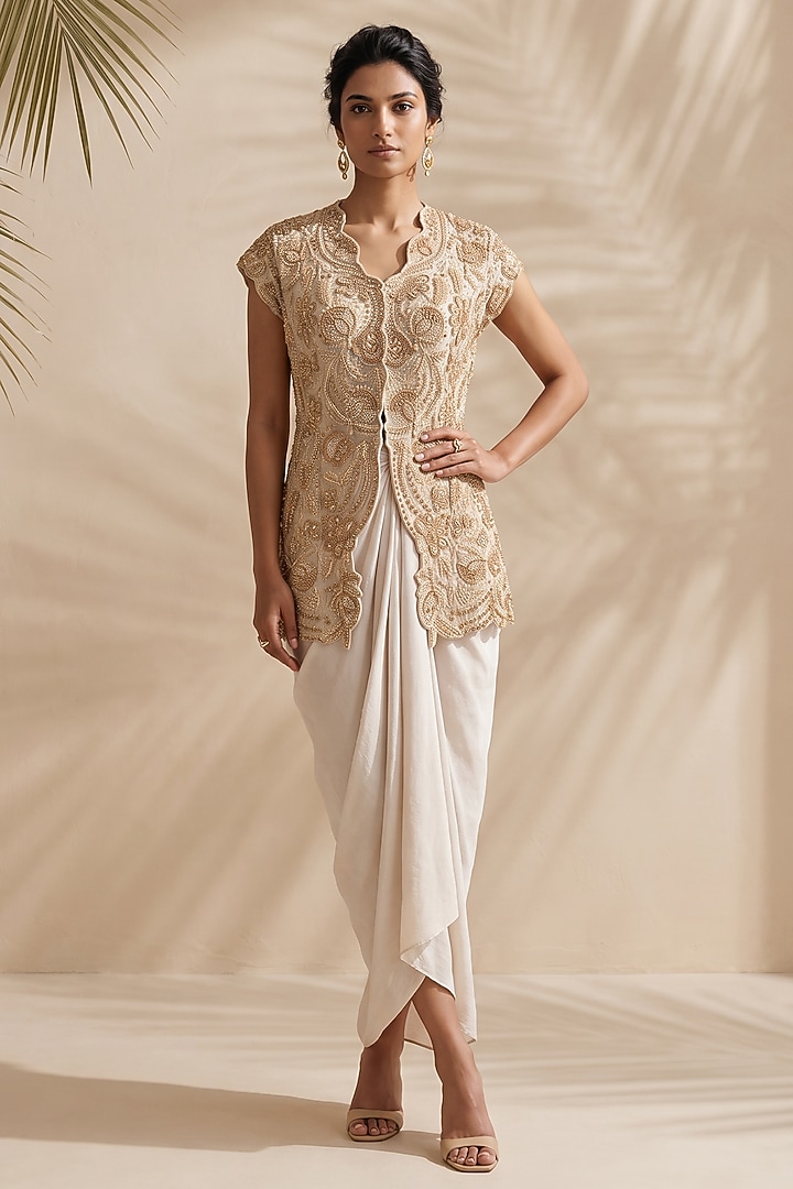 Ivory Silk Dupion Crepe Draped Skirt Set by Aneesh Agarwaal PRET at Pernia's Pop Up Shop