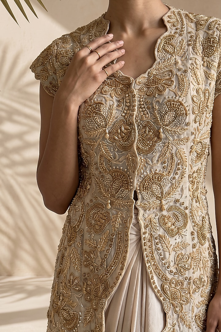 Ivory Silk Dupion Crepe Draped Skirt Set by Aneesh Agarwaal PRET at Pernia's Pop Up Shop