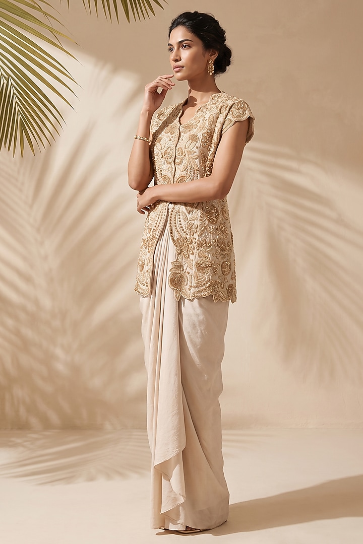 Ivory Silk Dupion Crepe Draped Skirt Set by Aneesh Agarwaal PRET at Pernia's Pop Up Shop
