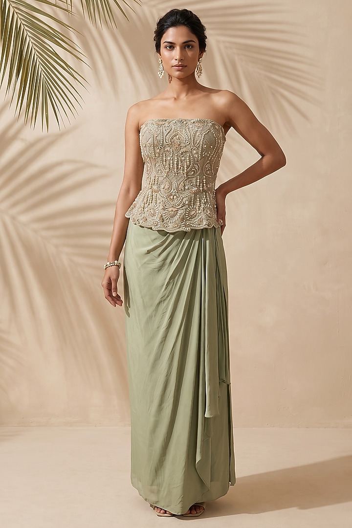 Green Satin Pre-Stitched Draped Skirt Set by Aneesh Agarwaal PRET at Pernia's Pop Up Shop