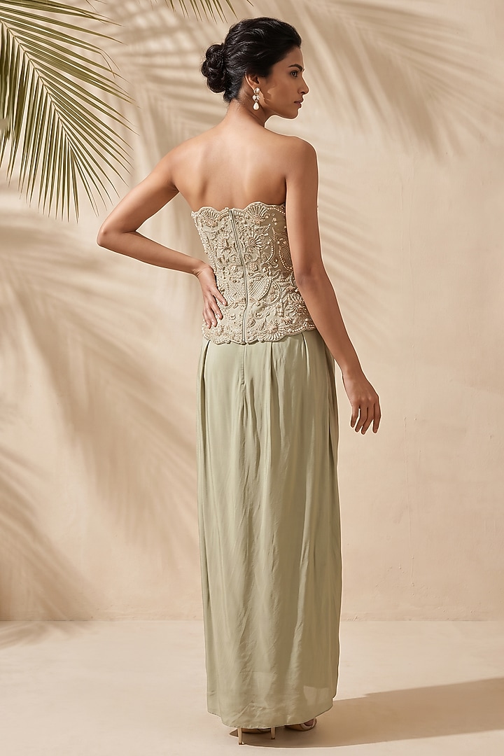 Green Satin Pre-Stitched Draped Skirt Set by Aneesh Agarwaal PRET at Pernia's Pop Up Shop