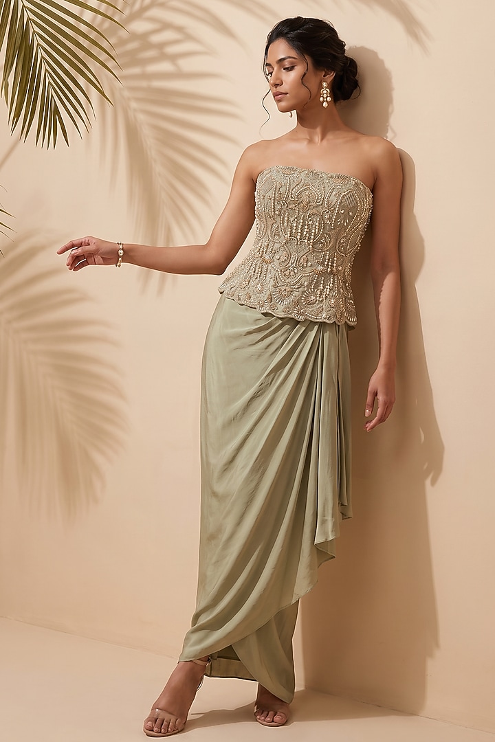 Green Satin Pre-Stitched Draped Skirt Set by Aneesh Agarwaal PRET at Pernia's Pop Up Shop