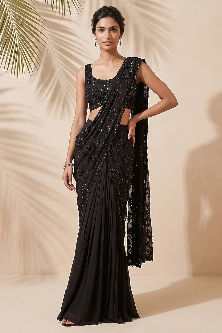 Black Organza Sequin & Cutdana Embroidered Reception Saree Set by Aneesh Agarwaal PRET at Pernia's Pop Up Shop