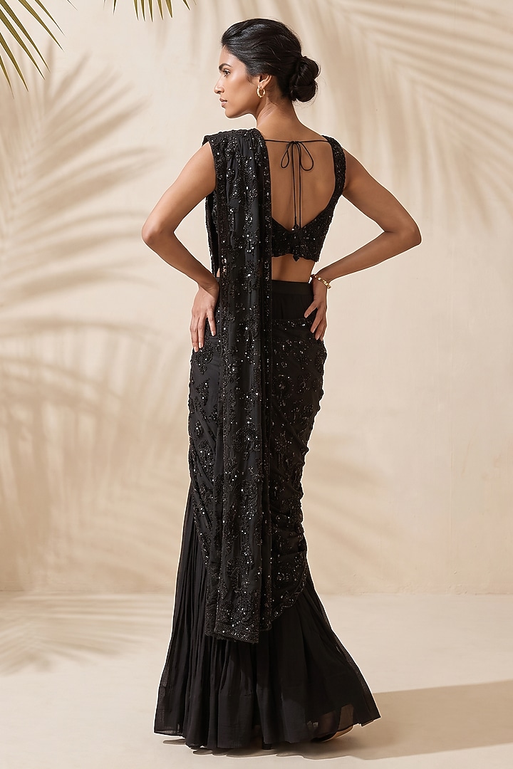 Black Organza Sequin & Cutdana Embroidered Reception Saree Set by Aneesh Agarwaal PRET at Pernia's Pop Up Shop