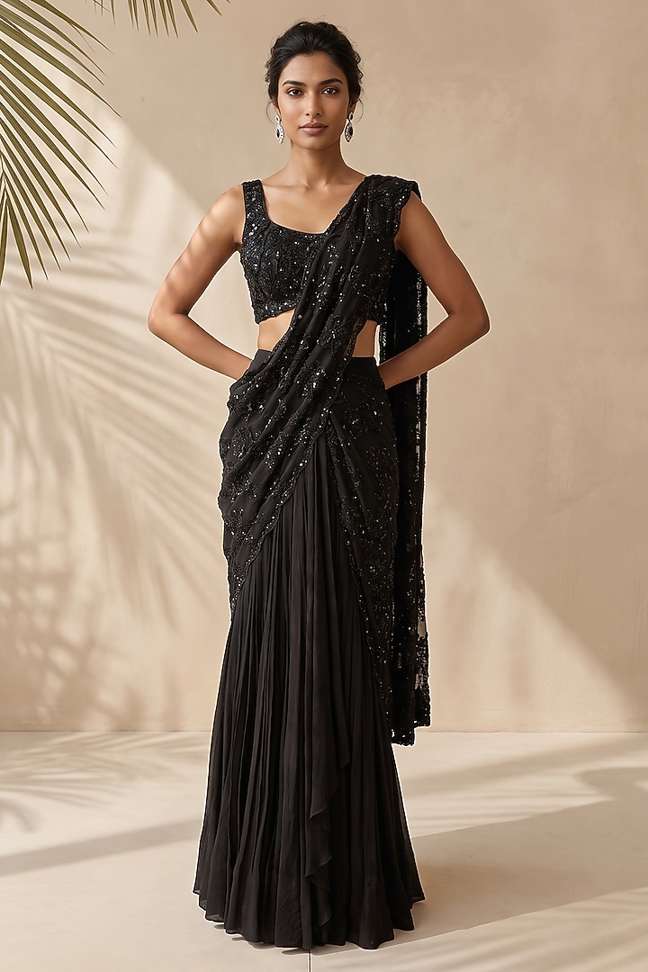 Black Organza Sequin & Cutdana Embroidered Reception Saree Set by Aneesh Agarwaal PRET at Pernia's Pop Up Shop