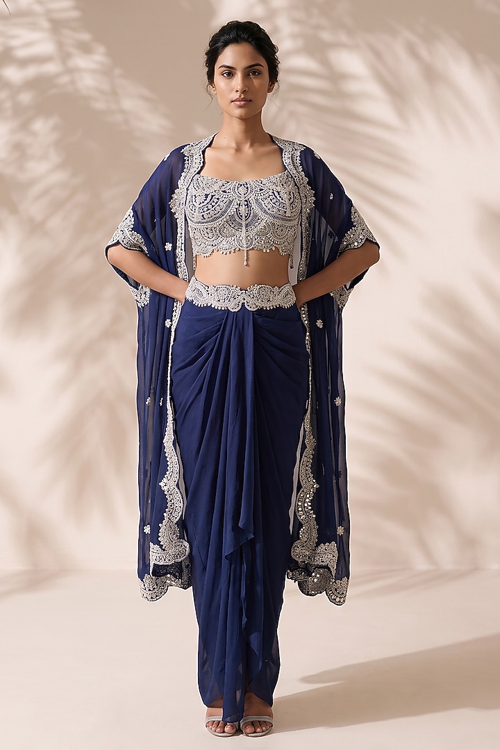 Blue Dupion Silk Crepe Skirt Set by Aneesh Agarwaal PRET at Pernia's Pop Up Shop