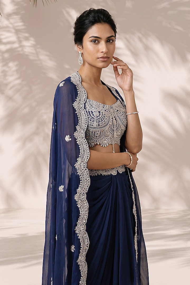 Blue Dupion Silk Crepe Skirt Set by Aneesh Agarwaal PRET at Pernia's Pop Up Shop