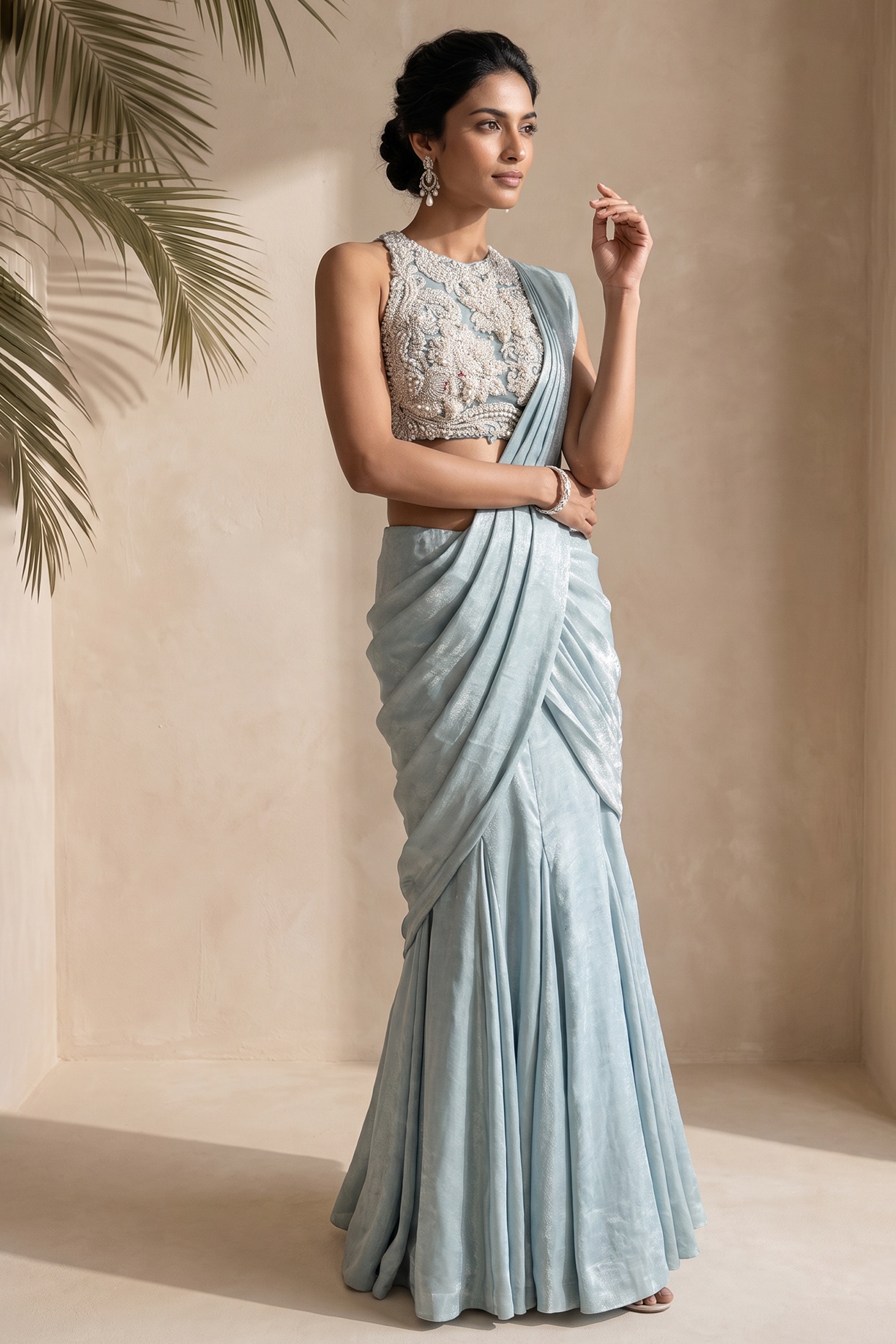 Aneesh Agarwaal PRET Sea Green Shimmer Velvet Georgette Pre-Stitched Saree Set