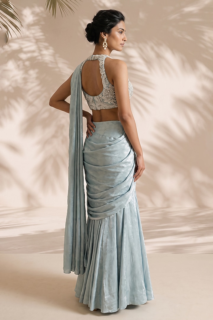 Sea Green Shimmer Velvet Georgette Pre-Stitched Wedding Saree Set by Aneesh Agarwaal PRET at Pernia's Pop Up Shop