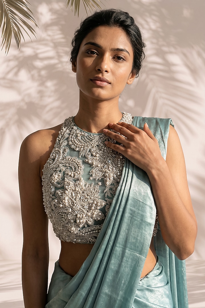 Sea Green Shimmer Velvet Georgette Pre-Stitched Wedding Saree Set by Aneesh Agarwaal PRET at Pernia's Pop Up Shop