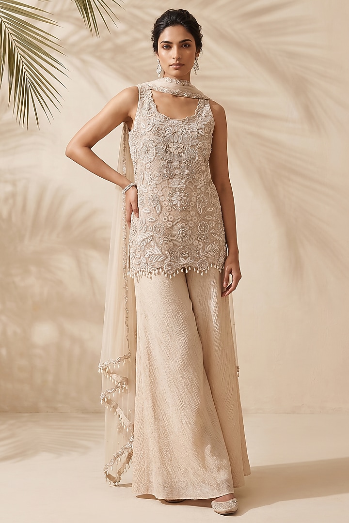 Cream Crushed Tissue Bridal Sharara Set by Aneesh Agarwaal PRET at Pernia's Pop Up Shop