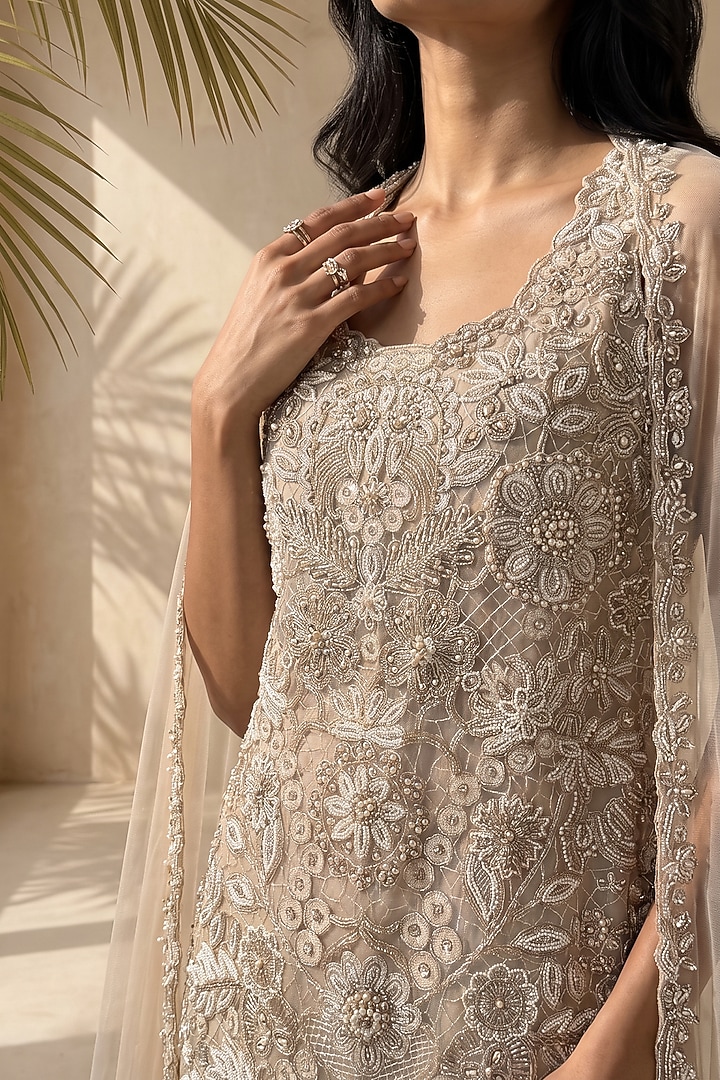 Cream Crushed Tissue Bridal Sharara Set by Aneesh Agarwaal PRET at Pernia's Pop Up Shop