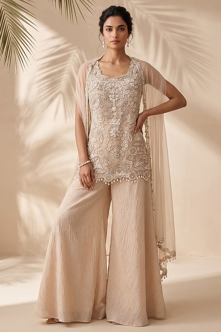 Cream Crushed Tissue Bridal Sharara Set by Aneesh Agarwaal PRET at Pernia's Pop Up Shop