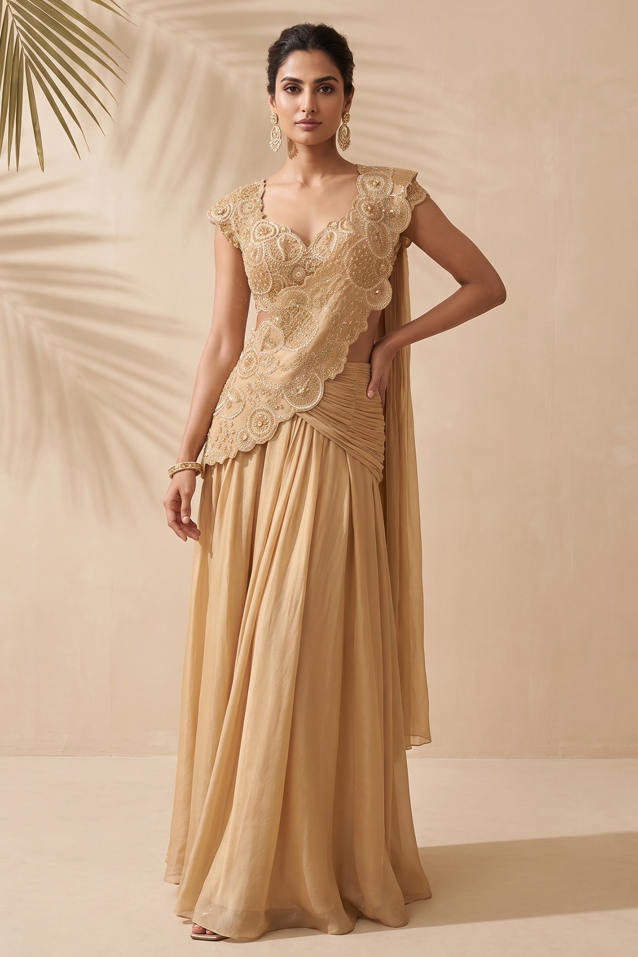Aneesh Agarwaal PRET Gold Tissue Hand Embroidered Pre-Stitched Saree Set