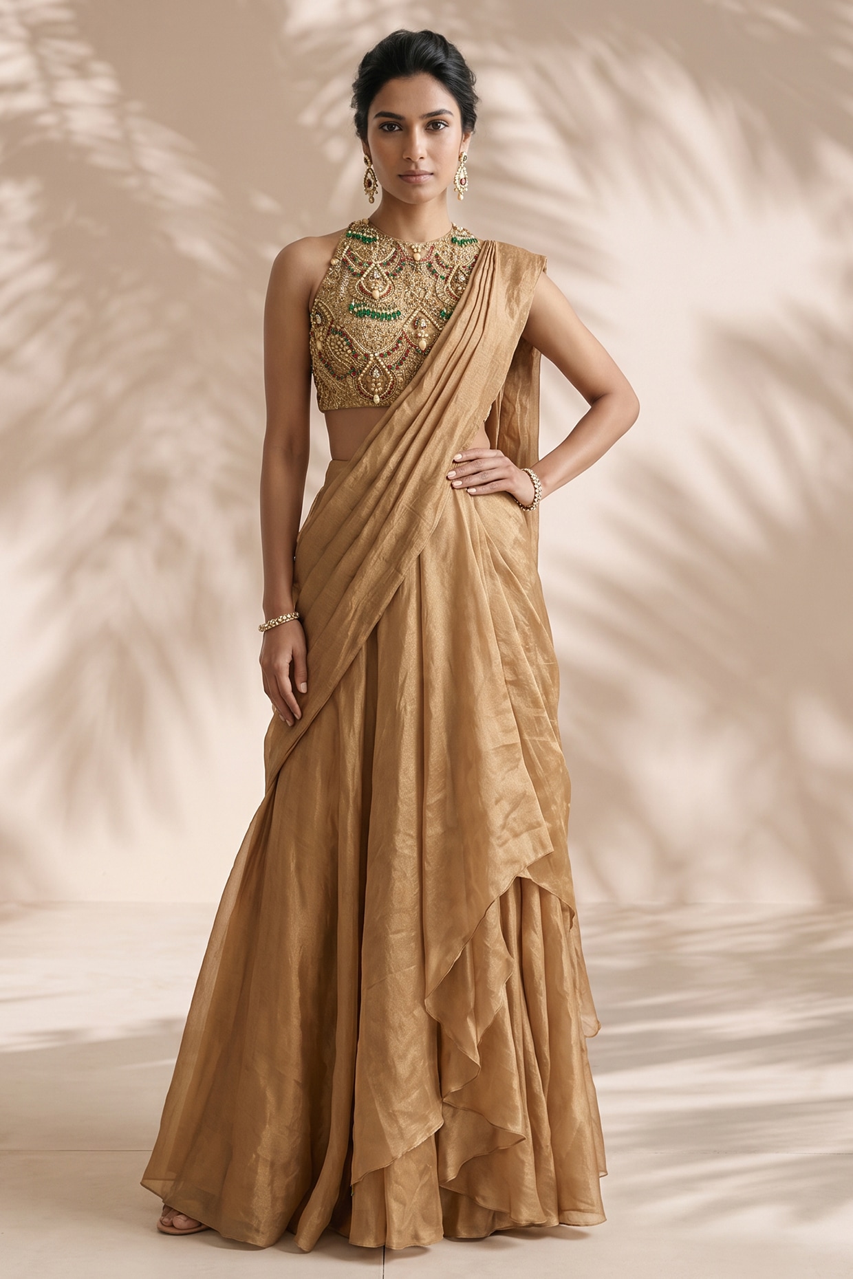 Aneesh Agarwaal PRET Gold Handloom Silk Tissue Pre-Stitched Saree Set