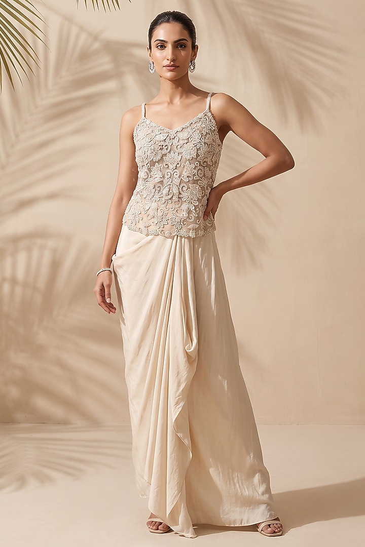 Ivory Silk Dupion Crepe Draped Skirt Set by Aneesh Agarwaal PRET at Pernia's Pop Up Shop