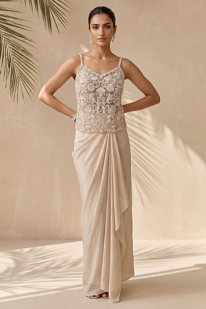 Ivory Silk Dupion Crepe Draped Skirt Set by Aneesh Agarwaal PRET at Pernia's Pop Up Shop